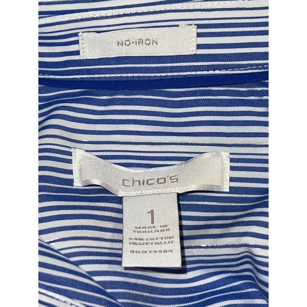 Chicos No Iron Striped Button Down Shirt Blue White Metallic Silver Women Size 1 - Picture 7 of 8